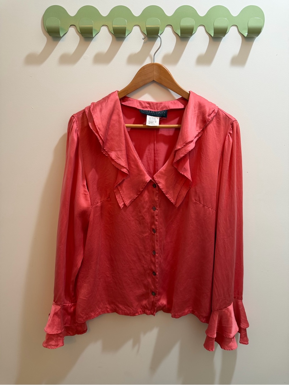 Vintage 100% Silk Ruffle Button-Front Top - Coral Pink